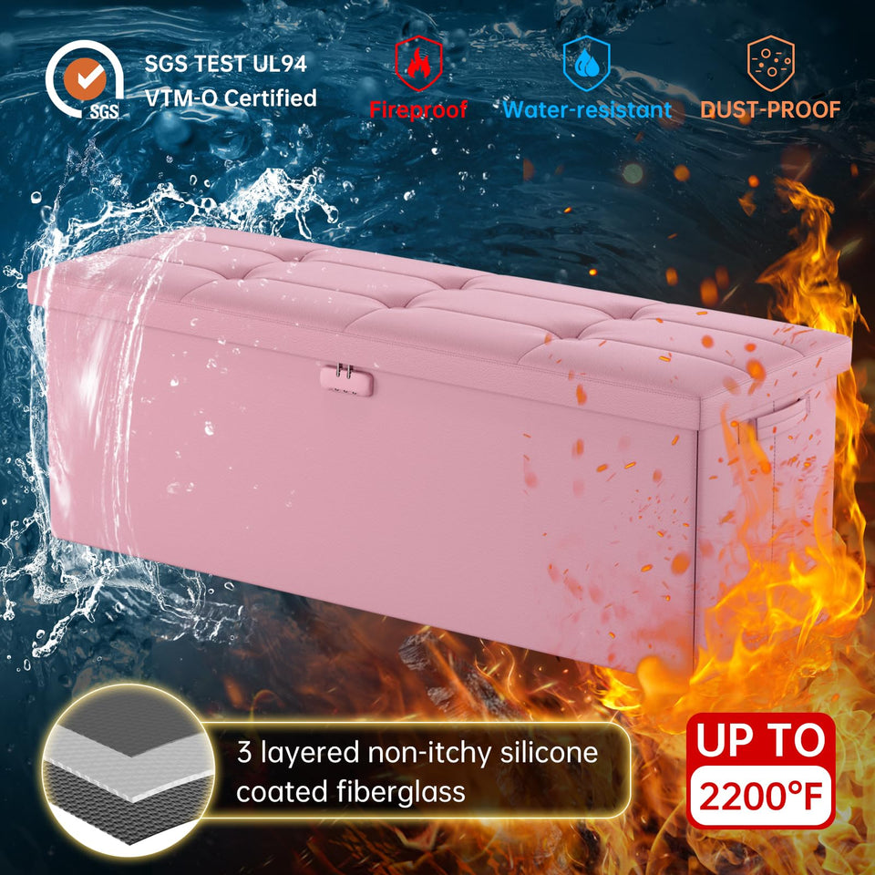 DocSafe Storage Ottoman with Lock,Fireproof Folding Ottoman Foot Rest Stool Storage Chest with Storage Safe for Important Documents,Waterproof 17 Inches Short Ottoman Foot Stool with Handles,Black