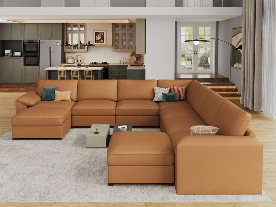 EASE MOOSE Leather Sectional Couch, Oversized Modular Sectional Sofas, Wide Deep Seat Modular Couch, Scratch Resistant Faux Leather Material, L Shaped Sofa for Big Spaces,Beige