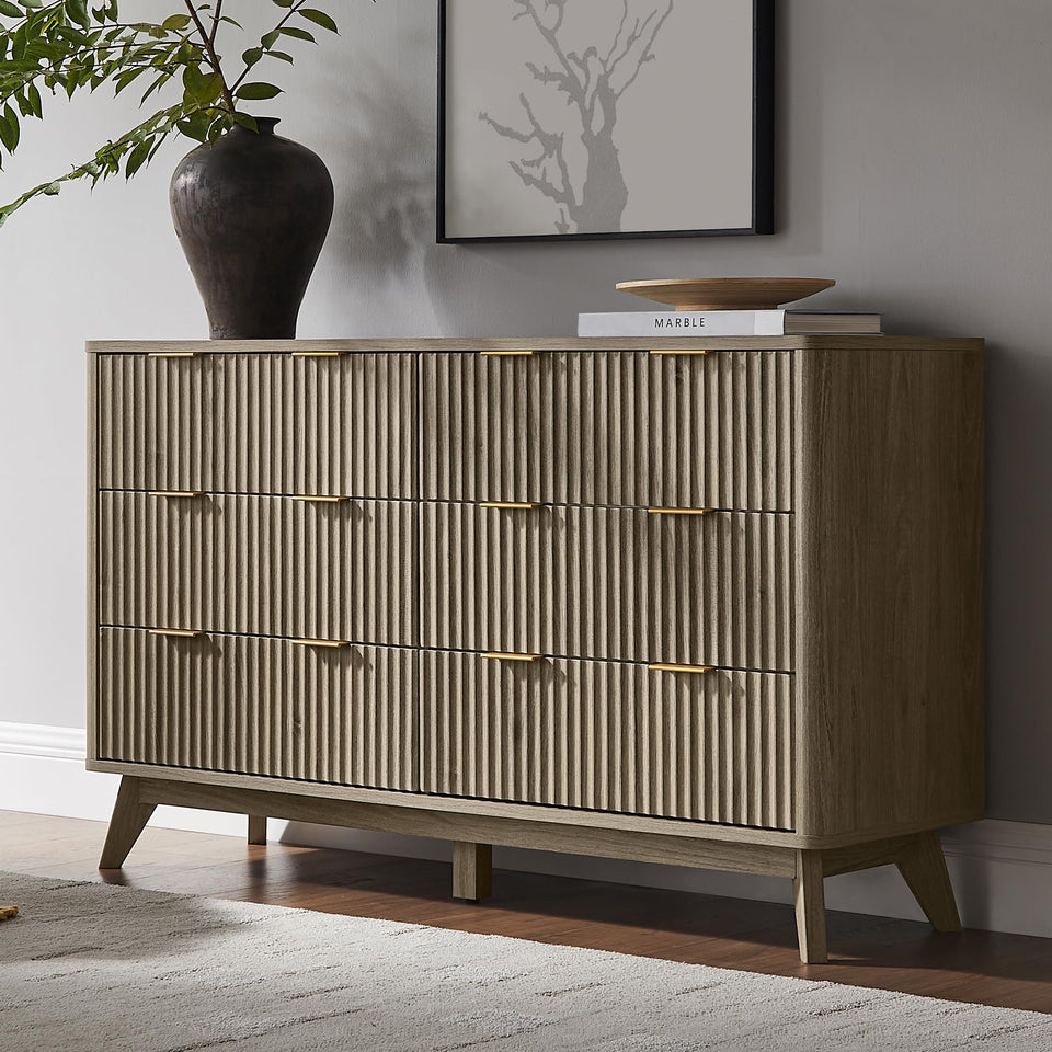 T4TREAM Fluted 7 Drawers Dresser, 54" Wide Modern Chest of Drawers with Faux Marble Top, Curved Profile Design, Dresser TV Stand, Wood Drawer Organizer for Bedroom, Living Room, Hallway, Natural Oak