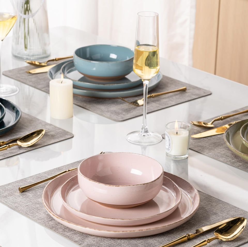 AmorArc Ceramic Dinnerware Sets for 8, 24 Pieces Handpainted Plates and Bowls Set with Rustic Terracotta Underside, Scratch Resistant Stoneware Dishes Set, Dishwasher & Microwave Safe, Light Beige