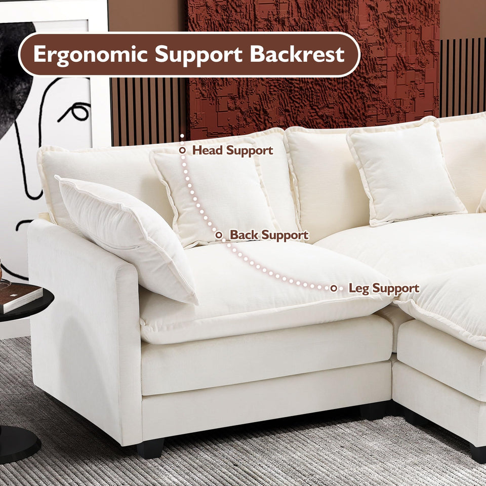 Ihanherry 146" U-Shaped Modern Sofa Modular Sectional Cloud Couch with 2 Ottoman, 6-Seat Chenille Deep Seat Sofa with 6 Pillows for Living Room, Bedroom and Apartment, Grey