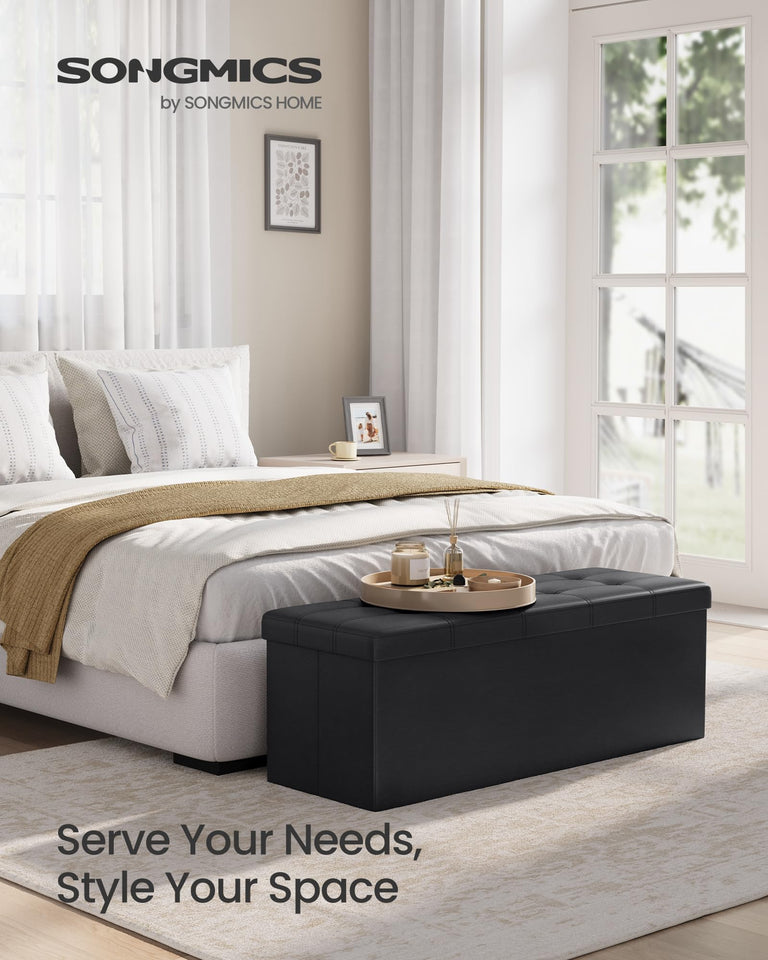 SONGMICS MAZIE Collection - 43 Inches Folding Storage Ottoman Bench, Ottoman with Storage, Foot Rest Stool, Load 660 lb, for Living Room, Synthetic Leather, Black ULSF701