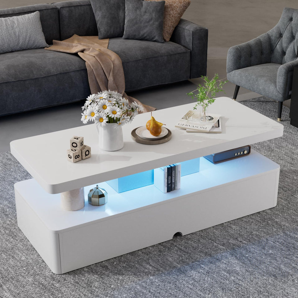 oneinmil Modern LED Coffee Table, 40" Living Room Tables with 16 Colors LED Lights, Double-Layer Design, Stylish Coffee Tables for Living Room, Black