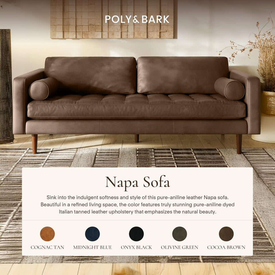 POLY & BARK Napa 72" Apartment Sofa – Italian-Tanned Full-Grain Pure-Aniline or Semi-Aniline Leather, Feather-Down Cushioning, Kiln-Dried Solid Wood Frame, Walnut Legs - Cognac Tan
