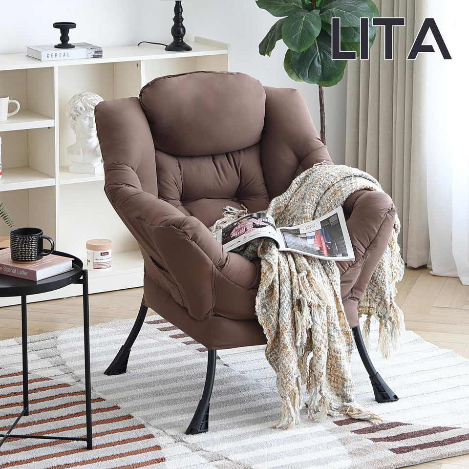 LITA Lazy Chair with Ottoman, Modern Accent Leisure Upholstered Lazy Sofa Armchair, Contemporary Lounge Reading Chair with Armrests and a Side Pocket for Living Room, Bedroom & Small Space, Dark Grey