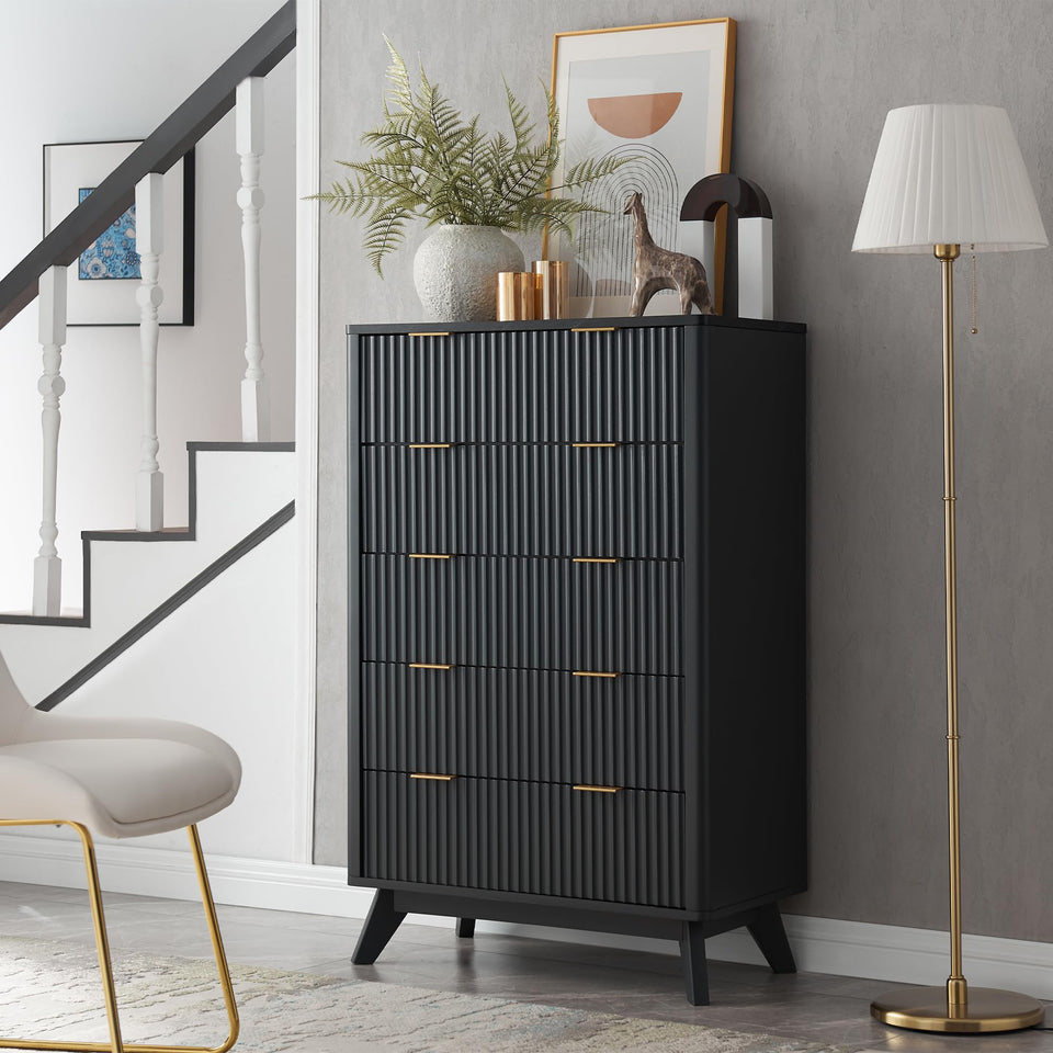 T4TREAM Fluted 7 Drawers Dresser, 54" Wide Modern Chest of Drawers with Faux Marble Top, Curved Profile Design, Dresser TV Stand, Wood Drawer Organizer for Bedroom, Living Room, Hallway, Natural Oak