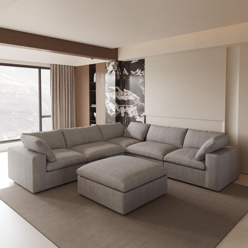 160.6" Cloud Couch Modular Sectional Sofa for Livingroom,Oversized Convertible Sofa with Storage Ottomans,6 Seat Wide Couches,Cushion Covers Removable (Khaki, 6 Seater)