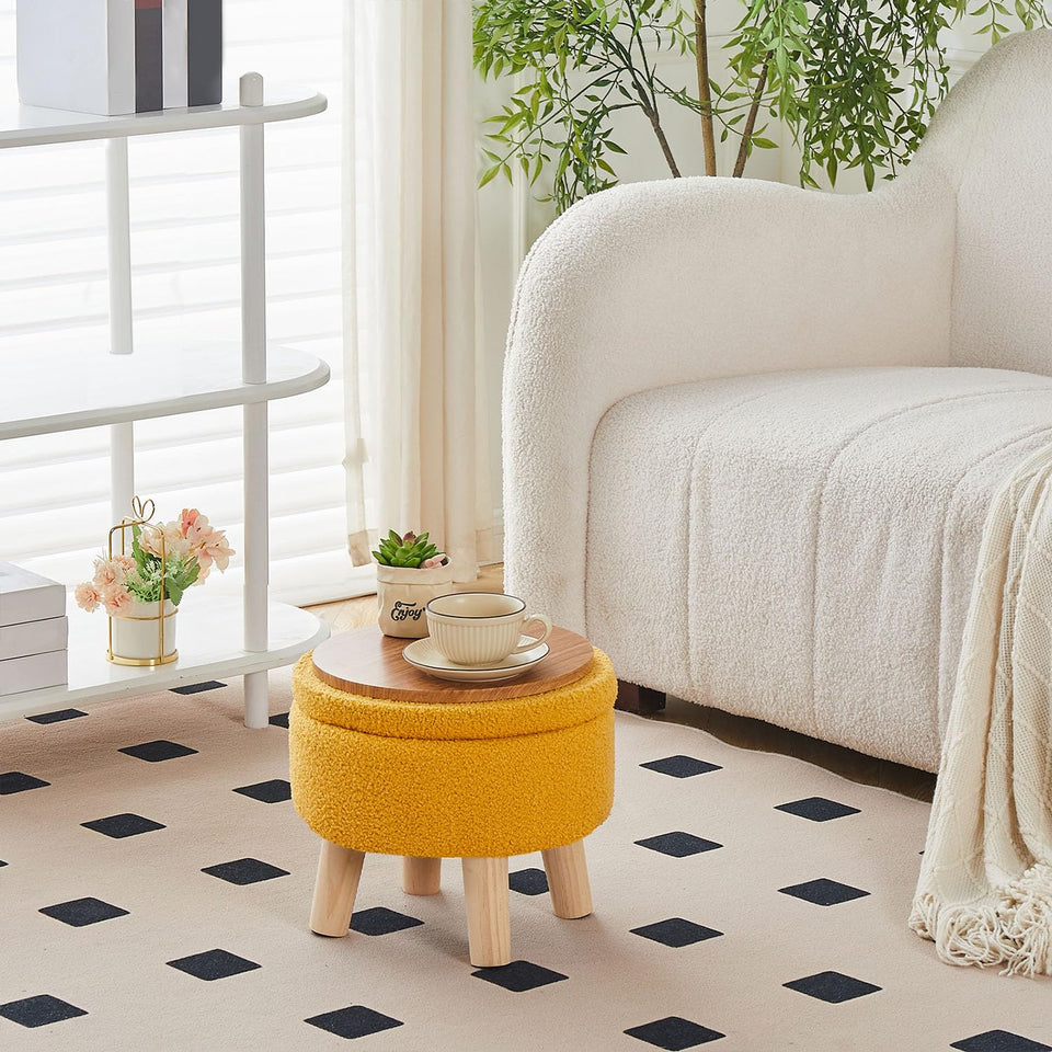 Wimarsbon Storage Ottoman, Modern Round Footrest with Soft Padded Seat, Teddy Velvet Footstool with Wood Legs, Accent Small Table or Plant Stand for Hallway, Living Room (Cream)