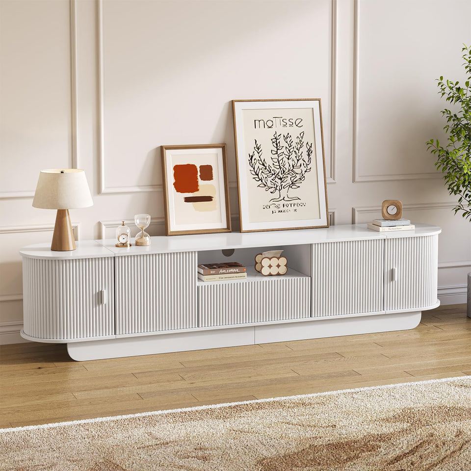 UKAOCAI 86.61'' Tambour TV Stand for 55-85 Inch, Modern Entertainment Center with Large Storage Cabinet & Open Shelves, TV Console with Sliding Doors for Living Room, Bedroom, Natural