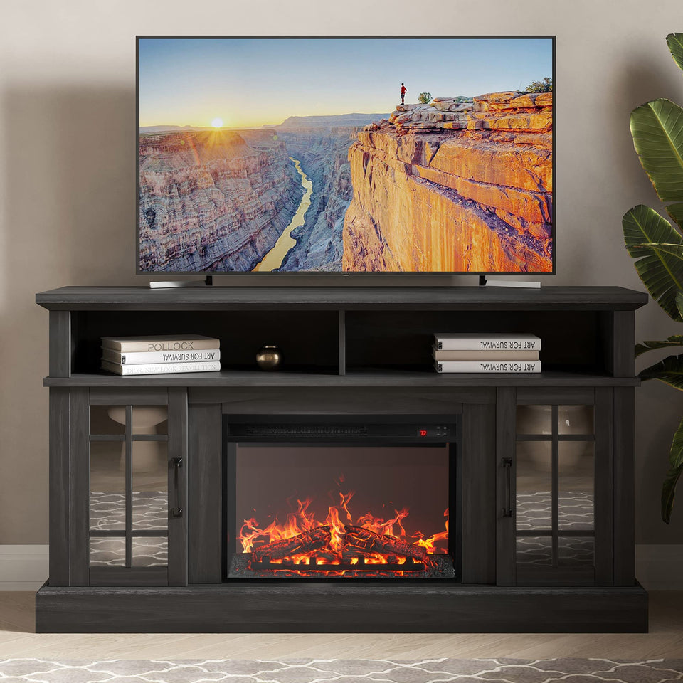 BELLEZE Traditional 58" Rustic TV Stand with 23" Electric Fireplace Heater with Sound, Media Entertainment Center Console Table for TV up to 65" with Open Storage Shelves and Cabinets - Espresso