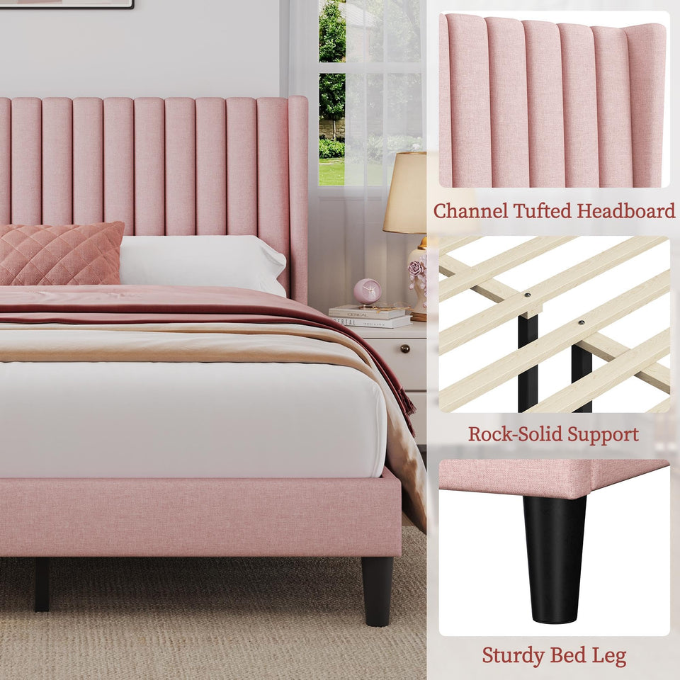 Yaheetech King Bed Frame Upholstered Platform Bed with Fabric Headboard, Wing Edge Design/Non-Slip and Noise-Free/Wooden Slats Support/No Box Spring Needed/Easy Assembly, Ivory King Bed