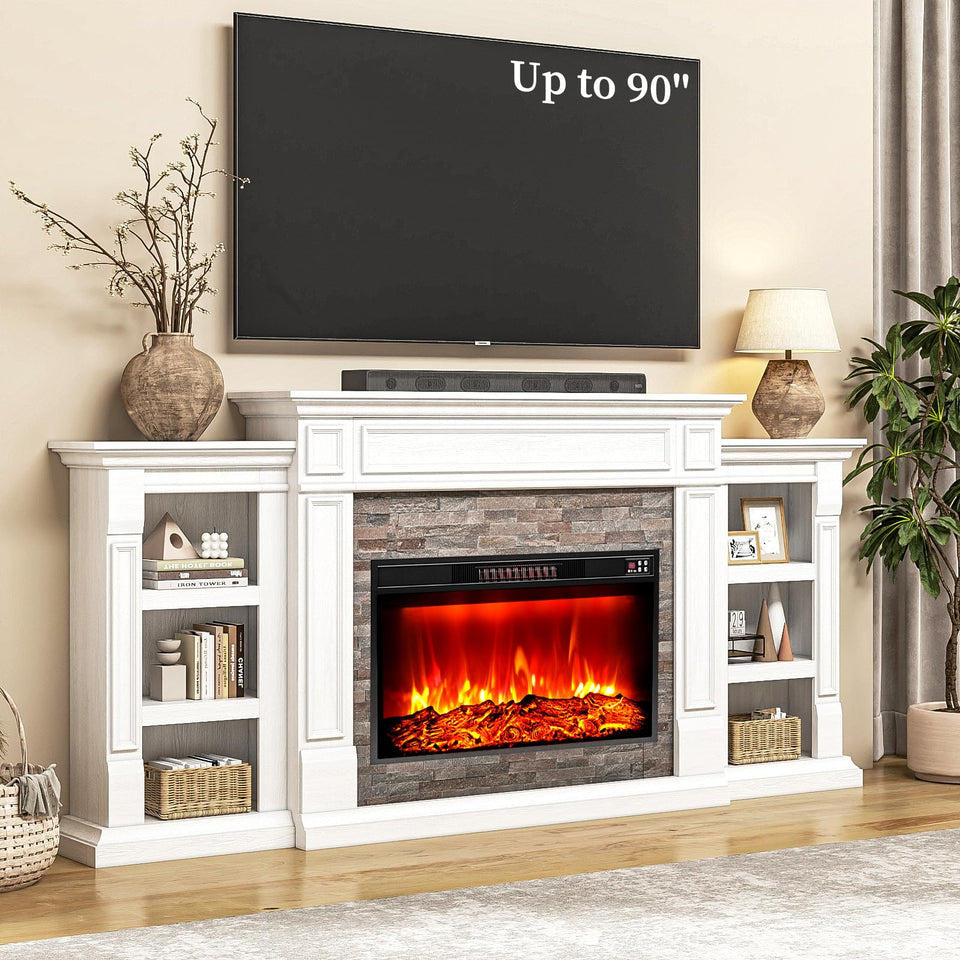 80" Fireplace TV Stand for TVs Up to 90 Inch, Electric Fireplace with Mantel, Farmhouse Entertainment Center with Storage, Realistic Stacked Stone Surround with Remote Control for Living Room