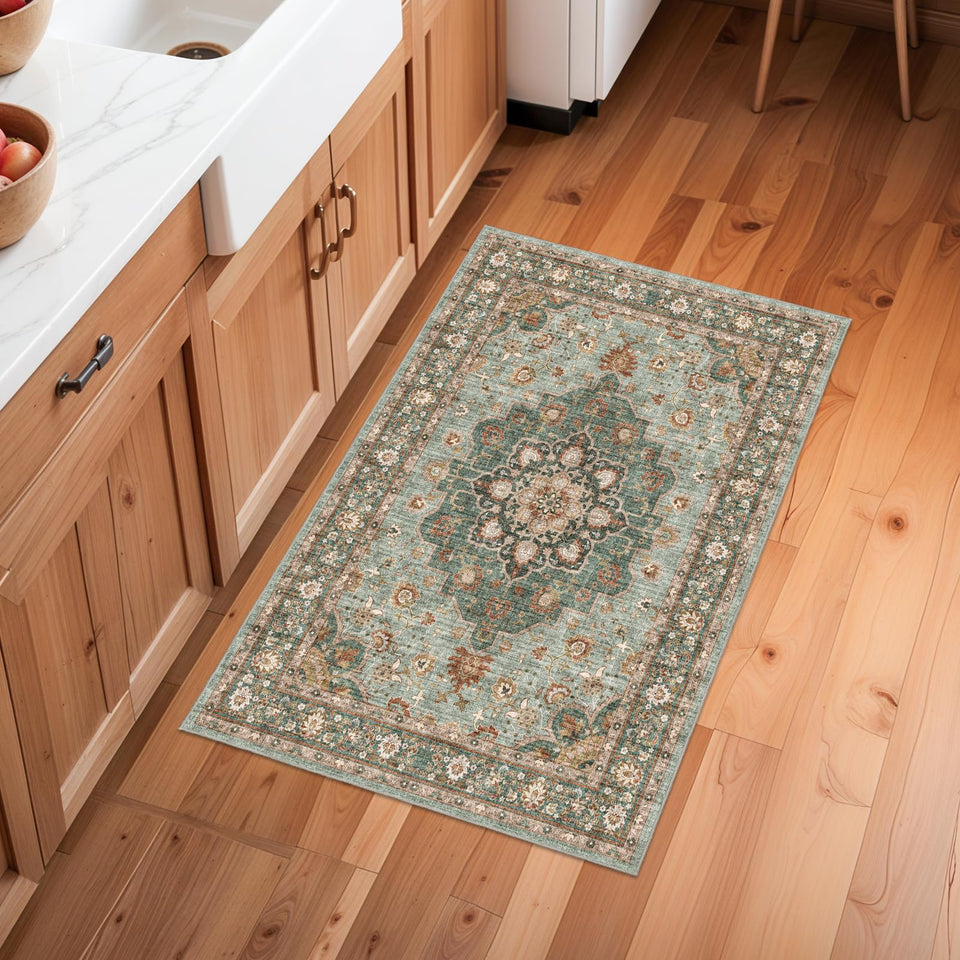 TOPRUUG Washable Oriental Area Rug - 12x15 Rugs for Living Room Soft Carpet for Bedroom Waterproof Floral Distressed Indoor Stain Resistant Non-Shedding Floor Carpets (Green, 12x15)