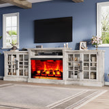 LUXOAK 97" Farmhouse TV Stand with 33" Fireplace for TVs up to 100", Media Entertainment Center with Large Storage Cabinet and Adjustable Shelves for Living Room, White/Barnwood