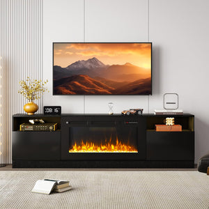 OneBlis 80" Fireplace TV Stand, LED Light Entertainment Center for TVs Up to 90", High-Gloss Door, Modern TV Console for Living Room with Storage Cabinet, Black+Black