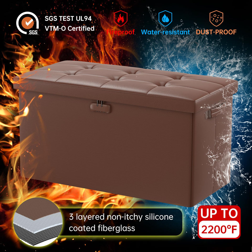 DocSafe Storage Ottoman with Lock,Fireproof Folding Ottoman Foot Rest Stool Storage Chest with Storage Safe for Important Documents,Waterproof 17 Inches Short Ottoman Foot Stool with Handles,Black