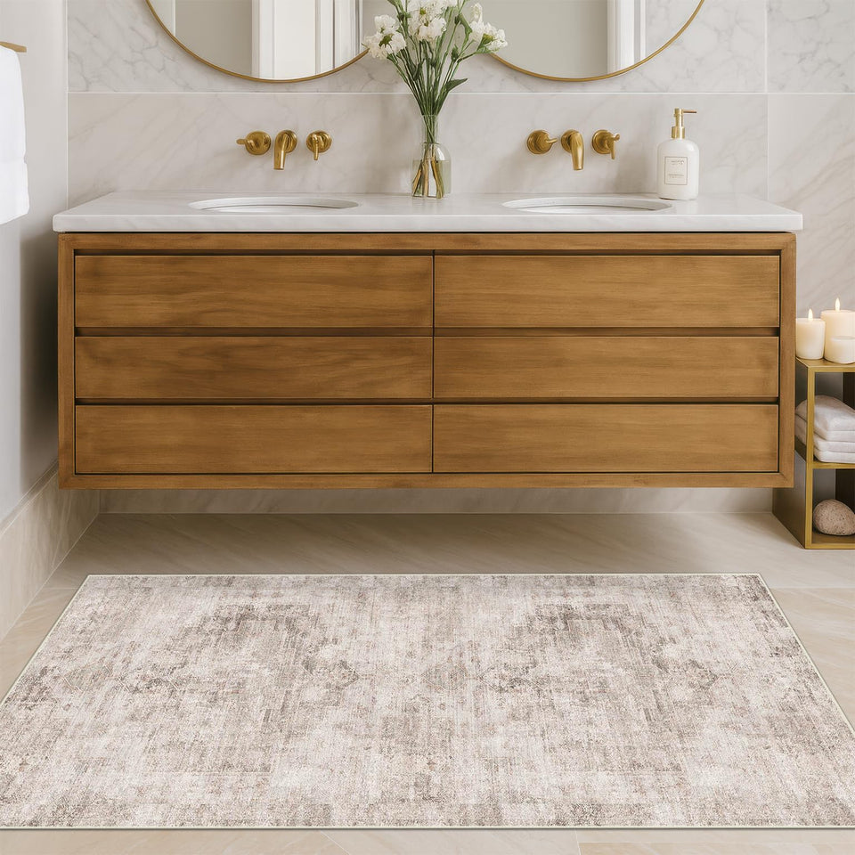 Neutral Living Room Rug - 10x14 Farmhouse Beige Brown Large Area Rug for Dining Room, Bedroom, Low Pile Lightweight Washable