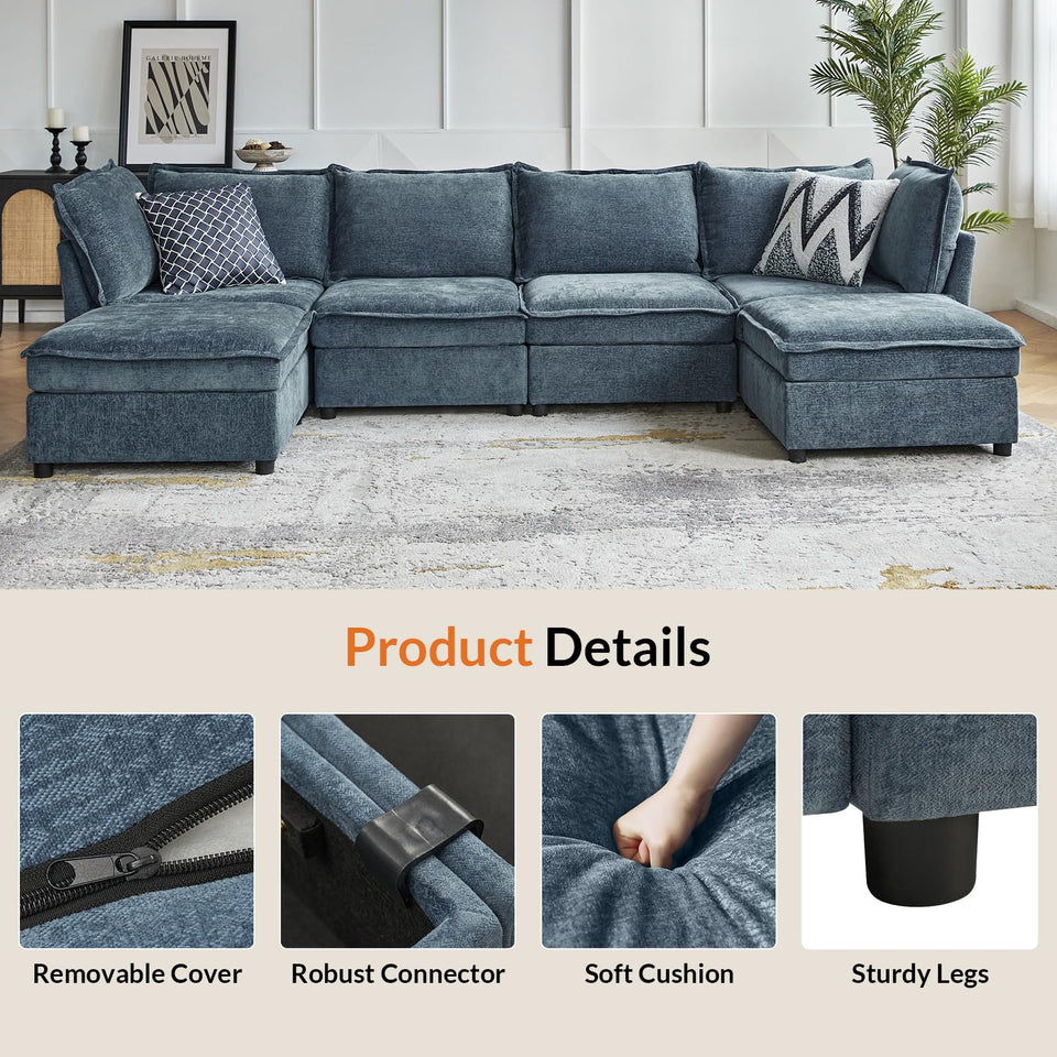 HULALA HOME 127'' Modular Sectional Sofa, Oversized U Shaped Couch with Storage Ottoman, Comfy Chenille Sofa with Deep Seat, 6 Seat Convertible Couches for Living Room, Beige