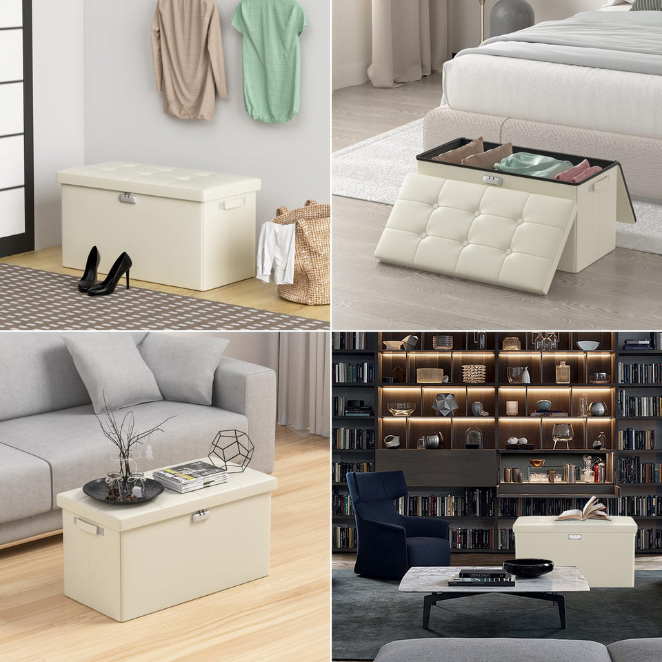 DocSafe Storage Ottoman with Lock,Fireproof Folding Ottoman Foot Rest Stool Storage Chest with Storage Safe for Important Documents,Waterproof 17 Inches Short Ottoman Foot Stool with Handles,Black