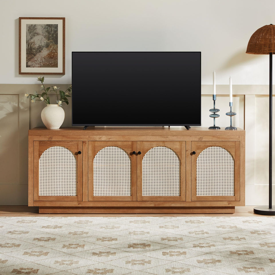 Walker Edison Sasha 4-Door Reeded Sideboard Buffet with Cord Management, 70 Inch, Coastal Oak