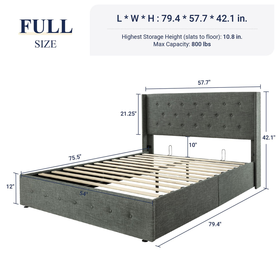 Allewie King Size Lift Up Storage Bed, Modern Wingback Headboard, Hydraulic Support, No Box Spring Needed, Light Beige