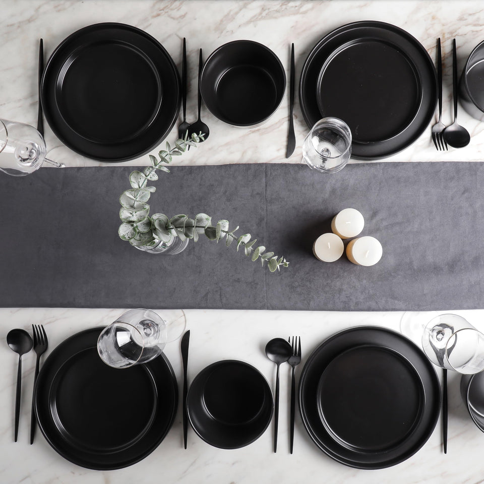 Stone Lain Celina Stoneware 32 Piece Dinnerware Set, Plates and Bowls, Black Matte Dish Collection, Service for 8 – Contemporary Minimalist Style, Microwave & Dishwasher Safe