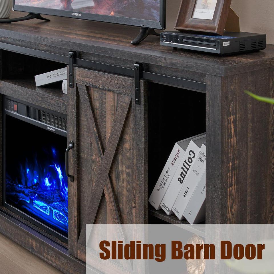 AMERLIFE Fireplace TV Stand with Sliding Barn Door for TVs up to 73", Farmhouse 63" Fireplace Entertainment Center with Storage Cabinets/Adjustable Shelves, Distressed White & Barnwood