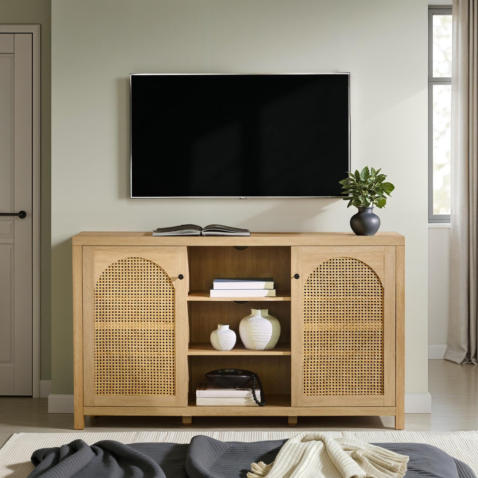 Walker Edison Sasha 4-Door Reeded Sideboard Buffet with Cord Management, 70 Inch, Coastal Oak