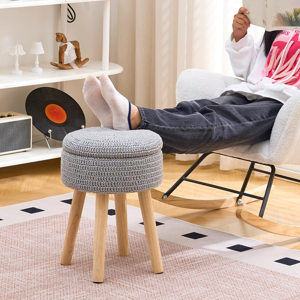 Wimarsbon Pouf Ottoman, 100% Cotton Knitted Boho Footstool, Round Footrest with Non-Skid Wood Legs, Home Décor Handmade Pouffe, Leisure Floor Step Stool for Living Room (Beige)