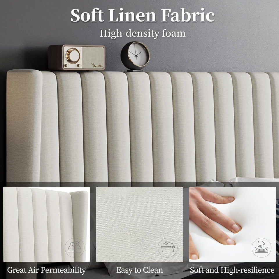 Yaheetech King Bed Frame Upholstered Platform Bed with Fabric Headboard, Wing Edge Design/Non-Slip and Noise-Free/Wooden Slats Support/No Box Spring Needed/Easy Assembly, Ivory King Bed