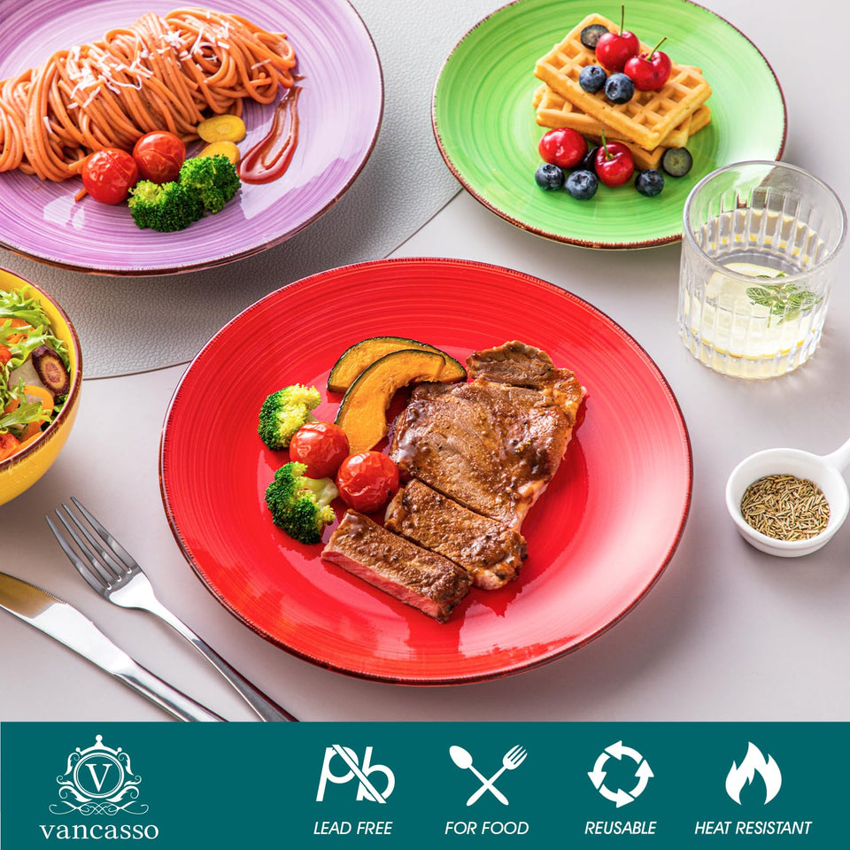 vancasso Bonita Dinnerware Set 24 Pieces Blue Stoneware Service for 6, Handpainted Spirals Pattern Stoneware Combination Set