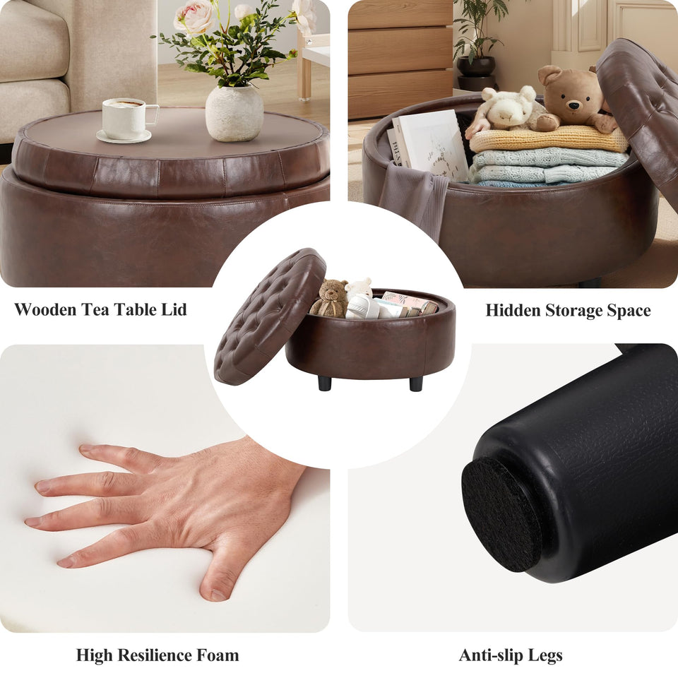 COLAMY Fabric Round Storage Ottoman with Reversible Tray Lid – Multi-Functional Footrest, Hidden Storage, Sturdy & Stylish Small Coffee Table for Living Room, Bedroom, or Entryway(Beige)