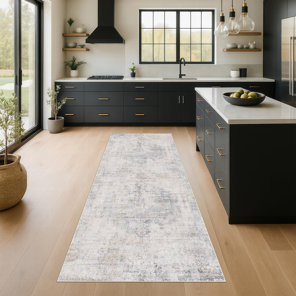 Neutral Living Room Rug - 10x14 Farmhouse Beige Brown Large Area Rug for Dining Room, Bedroom, Low Pile Lightweight Washable