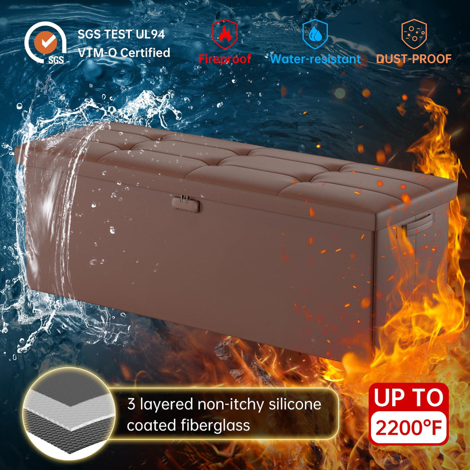 DocSafe Storage Ottoman with Lock,Fireproof Folding Ottoman Foot Rest Stool Storage Chest with Storage Safe for Important Documents,Waterproof 17 Inches Short Ottoman Foot Stool with Handles,Black