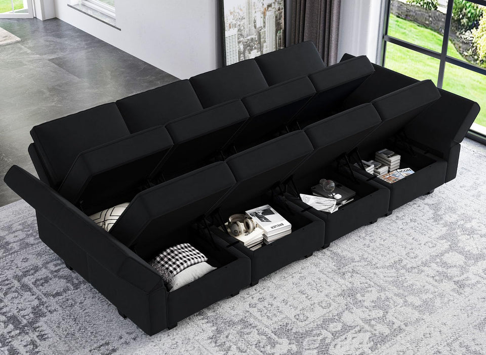 Belffin Modular Sectional Sofa with Ottomans Velvet Reversible Sleeper Chaise Bed Storage Seat Black