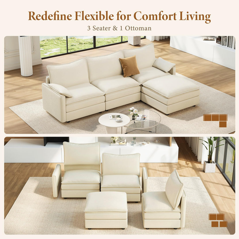 Vesgantti 142" U Shaped Sectional Couch, Comfy Cloud Modular Sectional Sofa with 2 Ottoman Deep Seat Chenille Modern Cloud Sofa, Modular Sofas for Living Room, Bedroom and Apartment, Beige