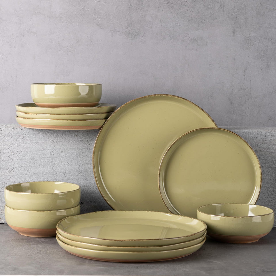 AmorArc Ceramic Dinnerware Sets for 8, 24 Pieces Handpainted Plates and Bowls Set with Rustic Terracotta Underside, Scratch Resistant Stoneware Dishes Set, Dishwasher & Microwave Safe, Light Beige