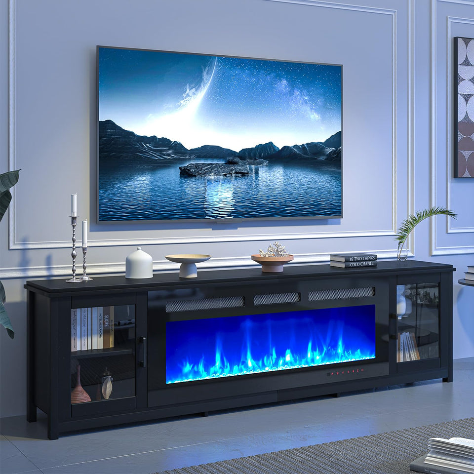 oneinmil 80" Fireplace TV Stand, 50 Inch Electric Fireplace & Modern Entertainment Center, TV Console with Adjustable Shelf & Glass Door for TVs Up to 90", Fire Place TV Stands for Living Room, Black