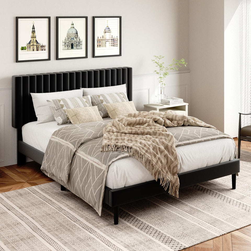 HAOARA King Size Bed Frame,King Size Platform Bed Frame and Velvet Upholstered Headboard with Strong Wood Slats, Box Spring Optional, Mattress Foundation, Easy Assembly Beige