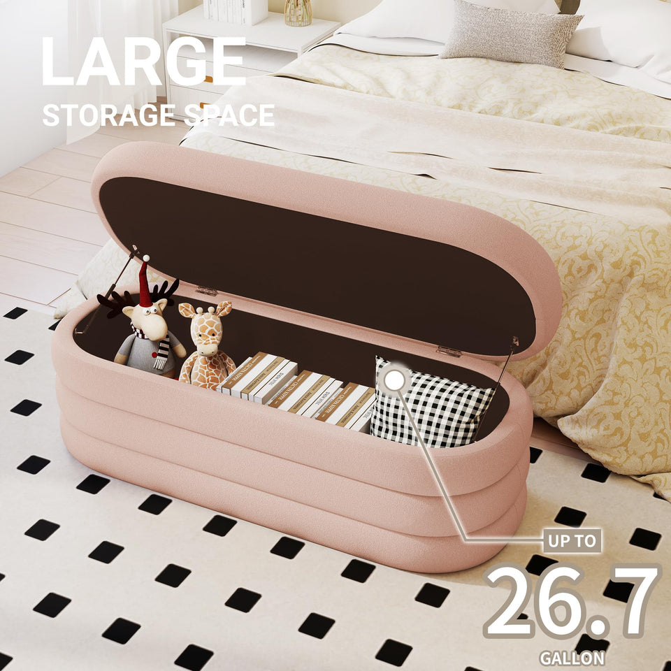 Busaurus Storage Ottoman Bench 49.2 Inch Upholstered Fabric Storage Bench for Bedroom End of Bed Aesthetic Large Oval Ottoman for Living Room Entryway (Ivory)