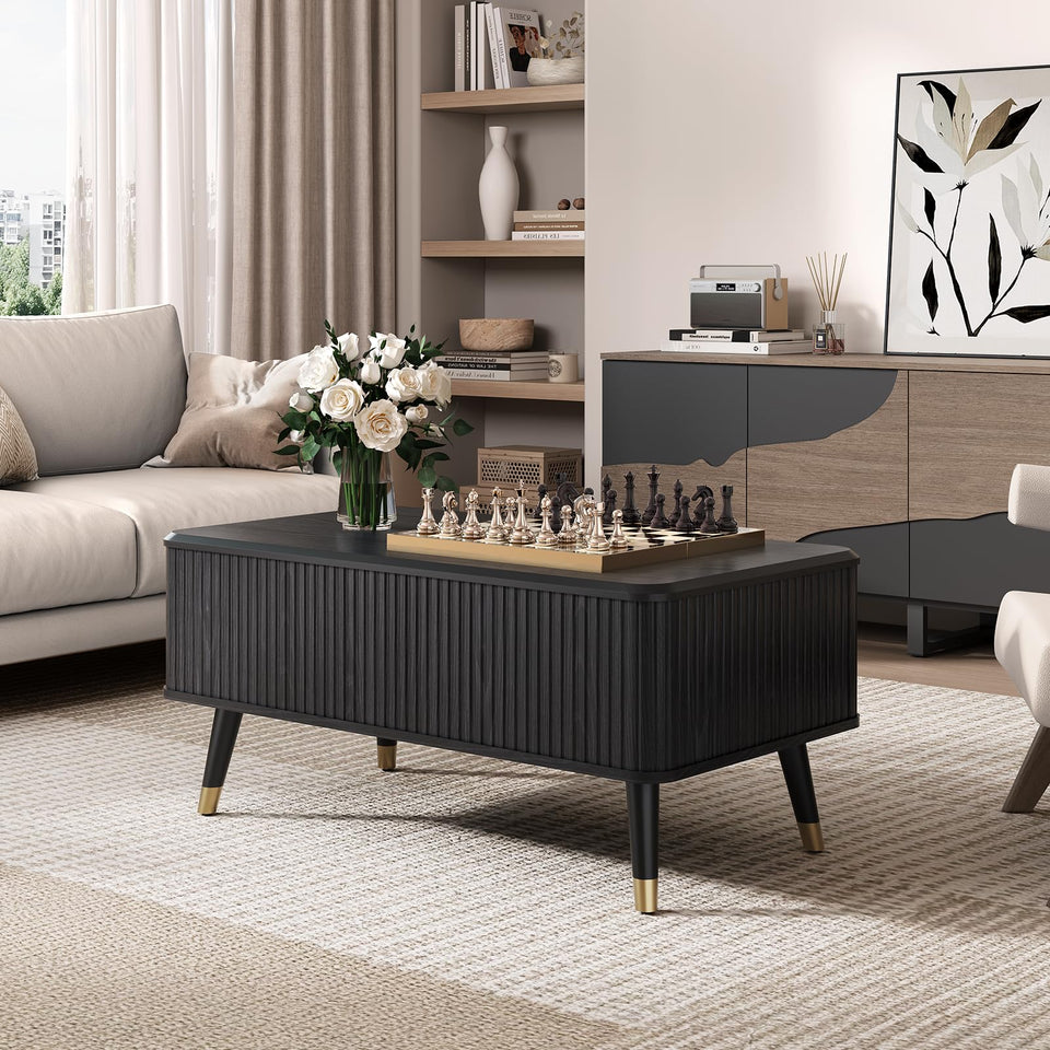 JOINICE, Round Coffee Table with Storage, Mid Century Modern Center Table with Sliding Cabinet Door, Fluted Dining Table for Living Room, Home Small Space, 31.5", Walnut