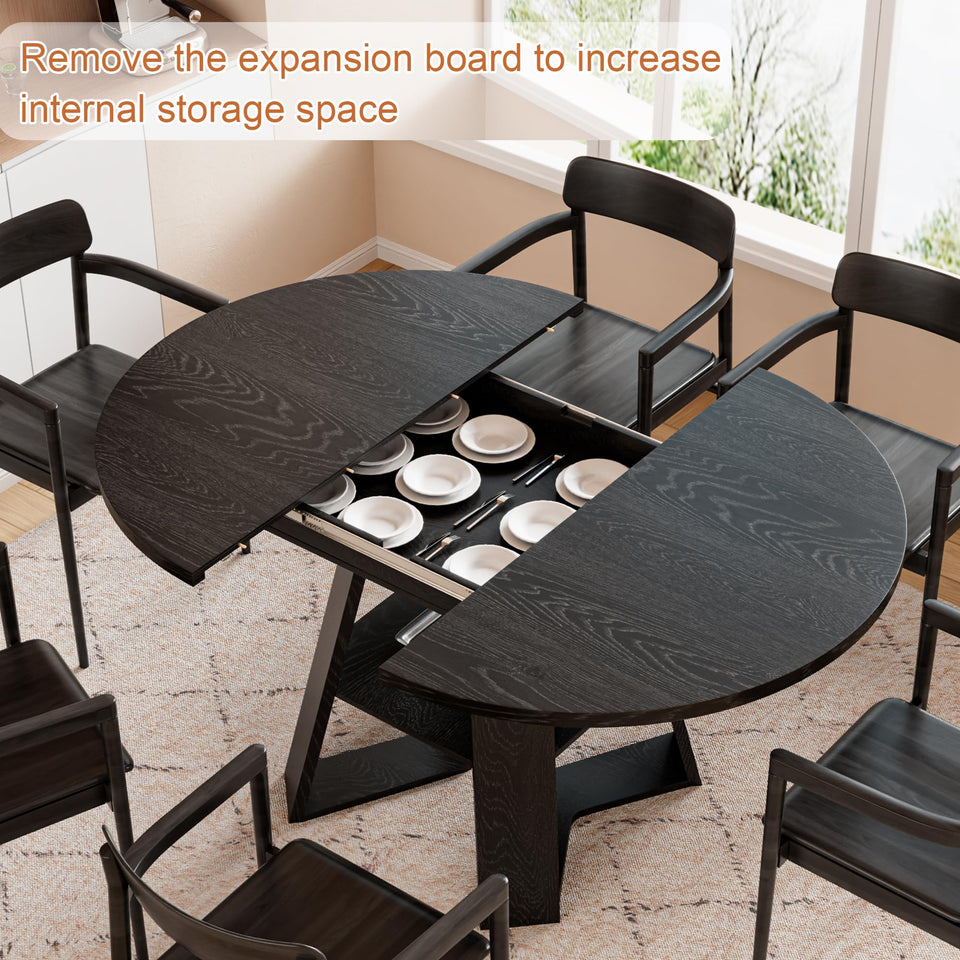 43.3in-59in Extendable Round Dining Table for 4-8,Modern Kitchen Oval Dining Table with Removable Leaves Space Saving,Wood Base with Storage Shelf for Kitchen Living Room (Walnut)