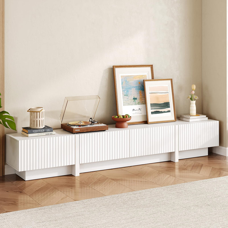 UKAOCAI 86.61'' Tambour TV Stand for 55-85 Inch, Modern Entertainment Center with Large Storage Cabinet & Open Shelves, TV Console with Sliding Doors for Living Room, Bedroom, Natural