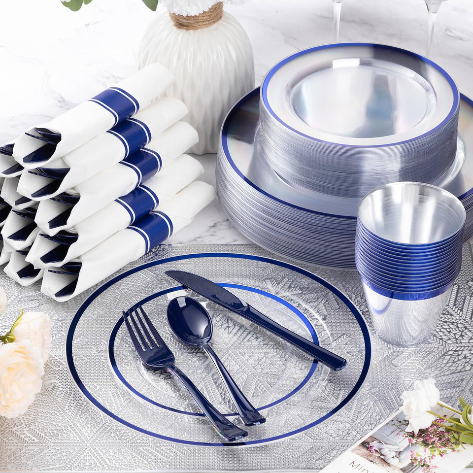 Goodluck 700 Piece Dark Blue Plastic Dinnerware Set for Party, Clear Disposable Plates for 100 Guests, Include: 100 Dinner Plates, 100 Dessert Plates, 100 Pre Rolled Napkins with Cutlery Set, 100 Cups