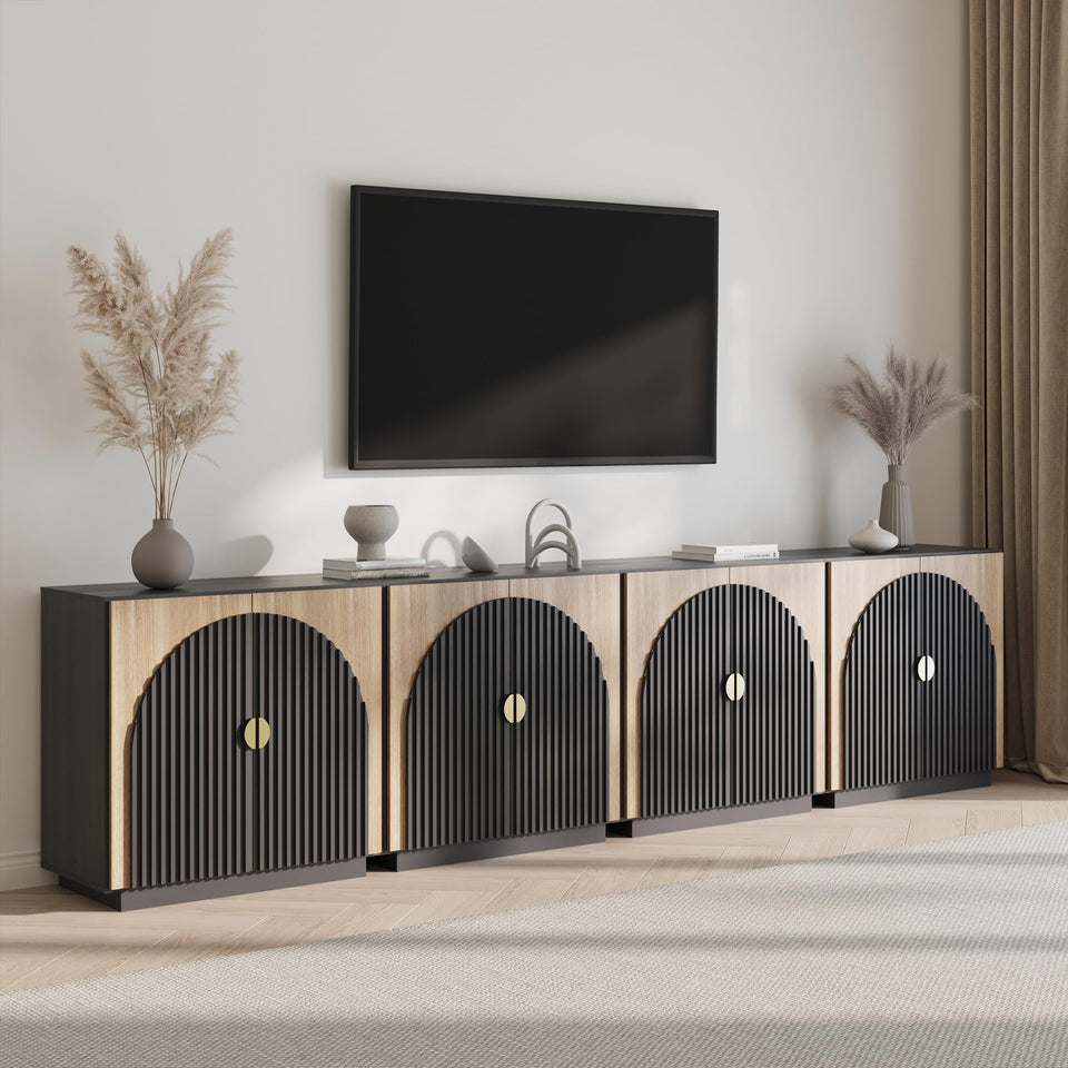 BELLEZE 65 Inch Fluted Buffet Cabinet with Storage, Symmetrical Arc Accent Sideboard Large Console Table for Dining Room, Kitchen, and Living Room (Caramel Brown)