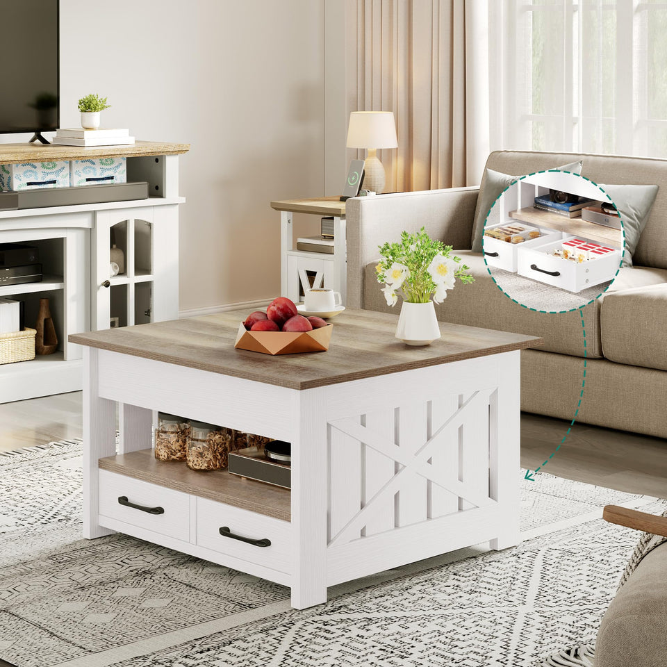 YITAHOME Coffee Table Farmhouse Coffee Table with Storage Rustic Wood Cocktail Table, Square Coffee Tables for Living Meeting Room with Half Open Storage Compartment, Grey Wash
