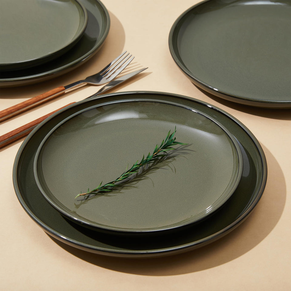 Pokini 24 Piece Dinnerware Sets for 8, Modern Stoneware Plates and Bowls Setst, Perfect for Family Gatherings & Holiday Celebrations, Easy Cleaning Dishes Set, Stack Compactly Dishware, Brown Green