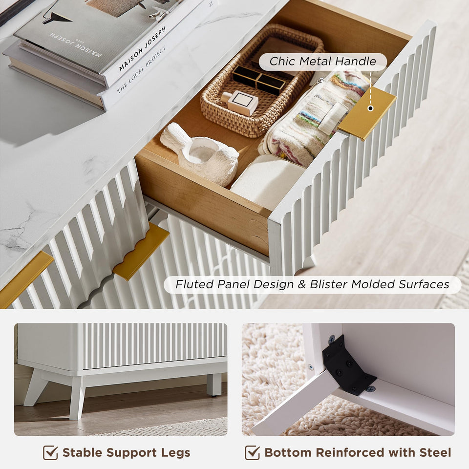 T4TREAM Fluted 7 Drawers Dresser, 54" Wide Modern Chest of Drawers with Faux Marble Top, Curved Profile Design, Dresser TV Stand, Wood Drawer Organizer for Bedroom, Living Room, Hallway, Natural Oak