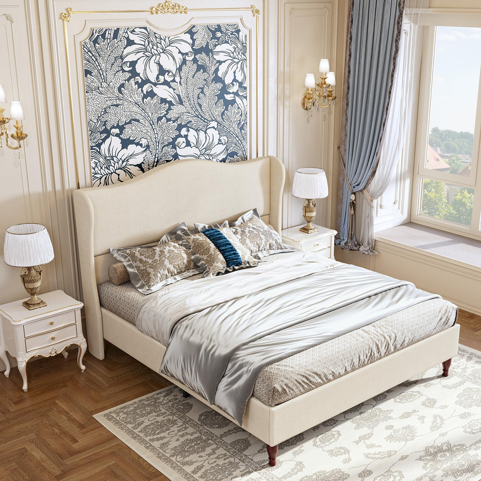 koorlian King Size Bed Frame Upholstered Platform Bed with 51" Tall Headboard Wingback, Soft Fabric, Retro Simple Style Platform Bed No Box Spring Needed, Easy Assembly, Beige