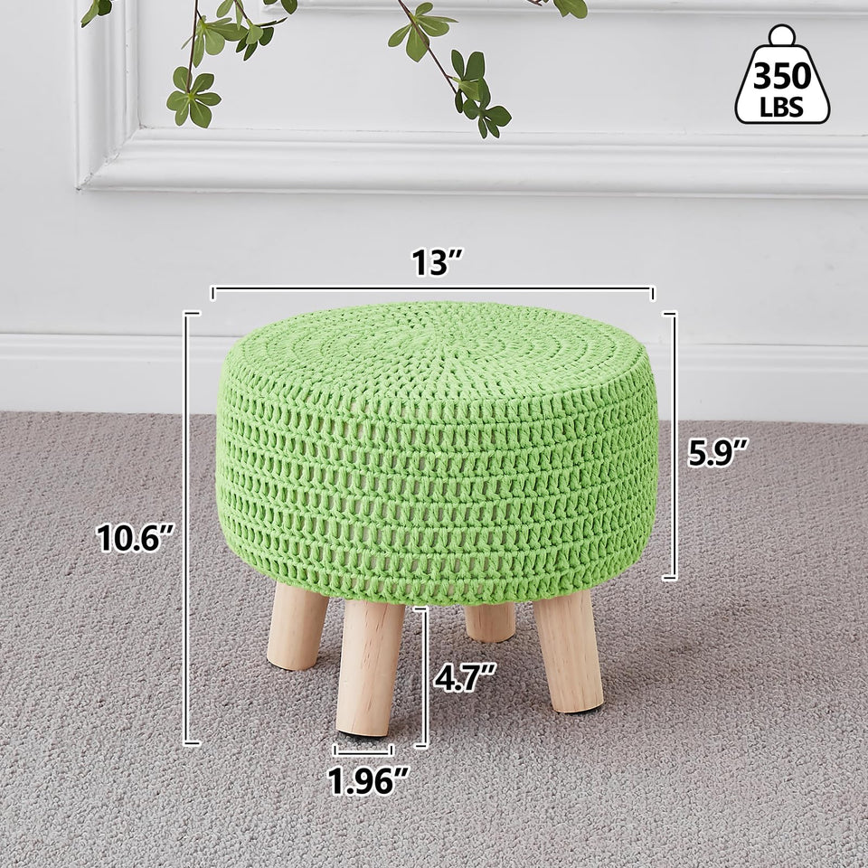 Wimarsbon Pouf Ottoman, 100% Cotton Knitted Boho Footstool, Round Footrest with Non-Skid Wood Legs, Home Décor Handmade Pouffe, Leisure Floor Step Stool for Living Room (Beige)
